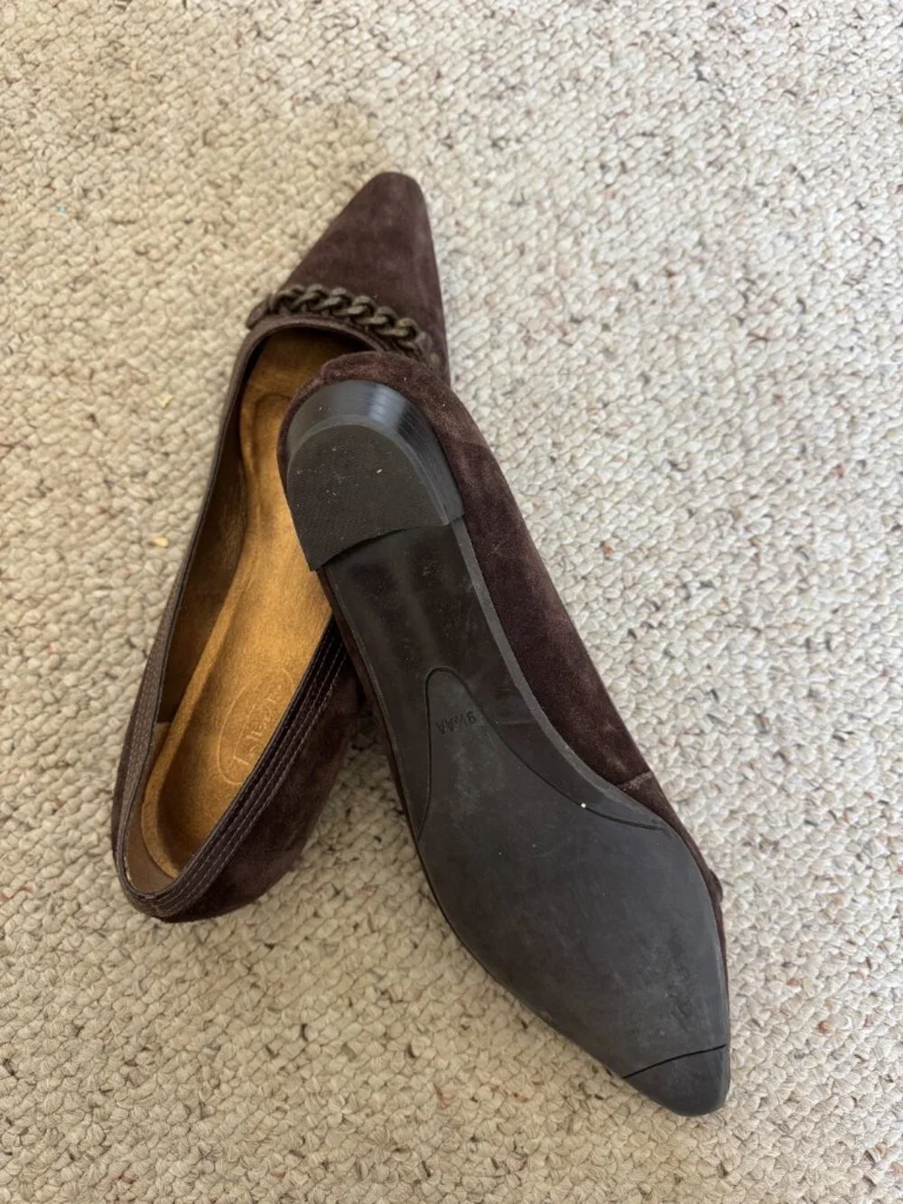 Talbots chocolate suede ballet low heel Sz 9.5 shoes with chain vamp